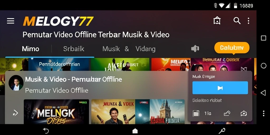 Antarmuka aplikasi MELODY77 dengan fungsi Pemutar Video Offline yang intuitif.
