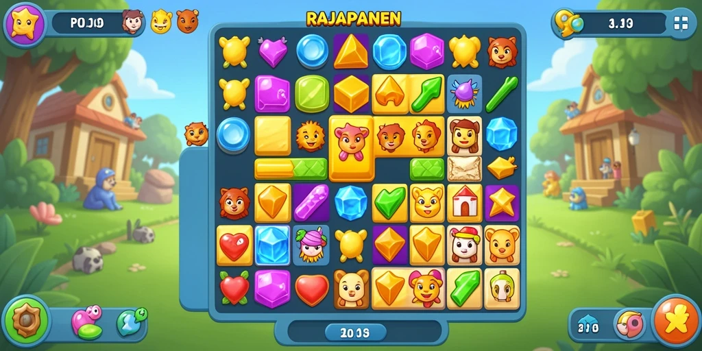 Tampilan antarmuka RAJAPANEN yang menarik dalam permainan Puzzle Match-3.